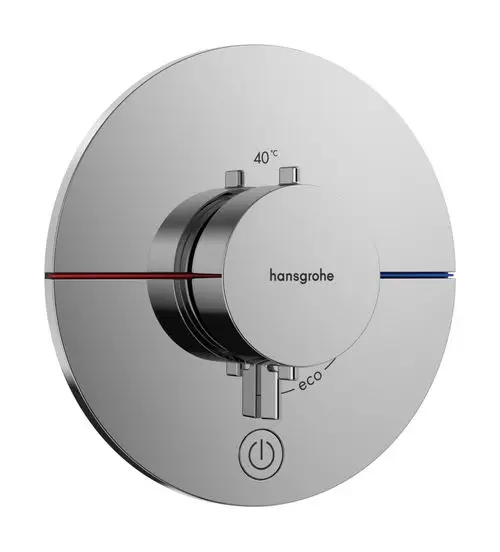 Thermostat von Hansgrohe mit einem runden Chrom-Design und Temperaturanzeige. Regler für einen Verbraucher und Eco-Modus. 40 °C markiert. Schaltfläche integriert.